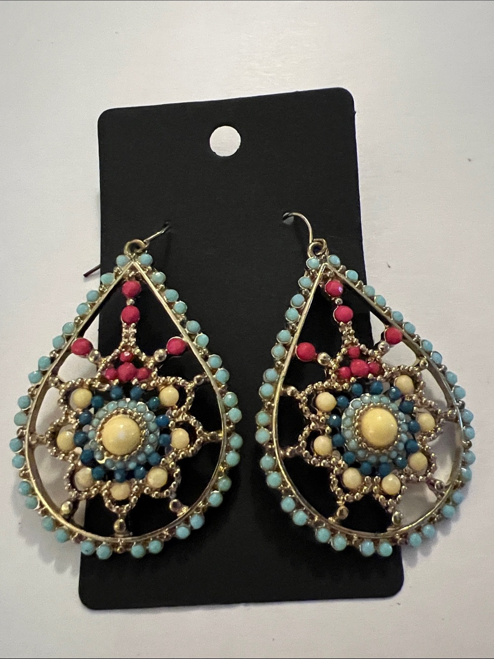 Bohemian Teardrop Beaded Dangle Earrings - Turquoise, Pink & Cream